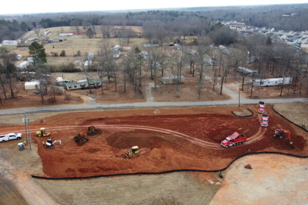 In-progress sitework at Shiloh Road commercial project in Piedmont, SC, including demolition, grading, utilities, erosion control, and paving by S3 Construction