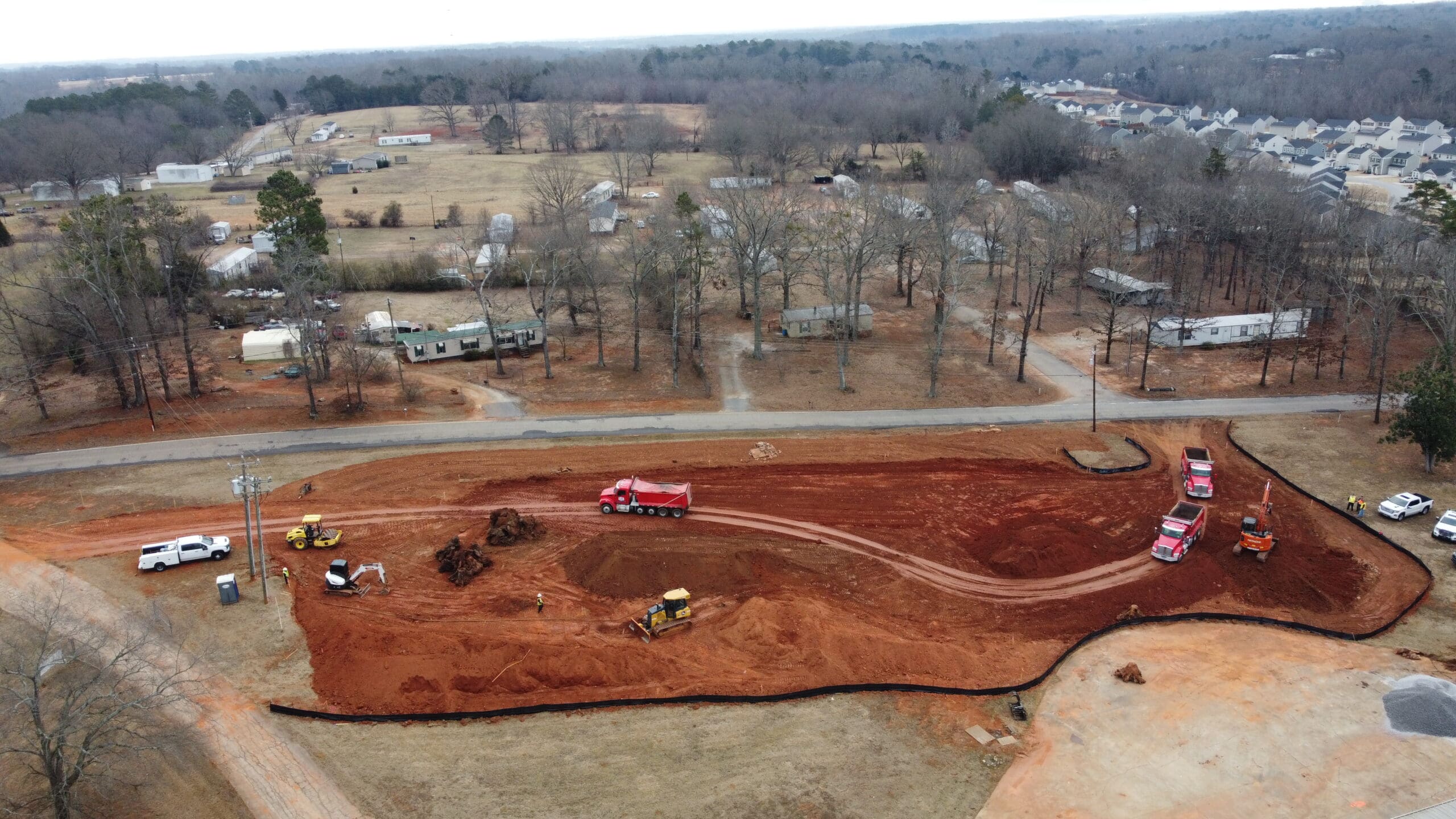 In-progress sitework at Shiloh Road commercial project in Piedmont, SC, including demolition, grading, utilities, erosion control, and paving by S3 Construction