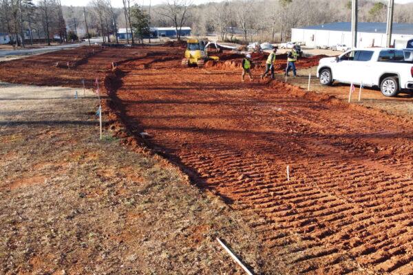 In-progress sitework at Shiloh Road commercial project in Piedmont, SC, including demolition, grading, utilities, erosion control, and paving by S3 Construction