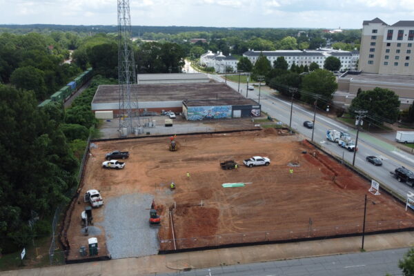 In-progress sitework at Fidelity Bank in Spartanburg, SC, including grading, erosion control, utilities, and paving by S3 Construction for a new 5,528 sq. ft. facility
