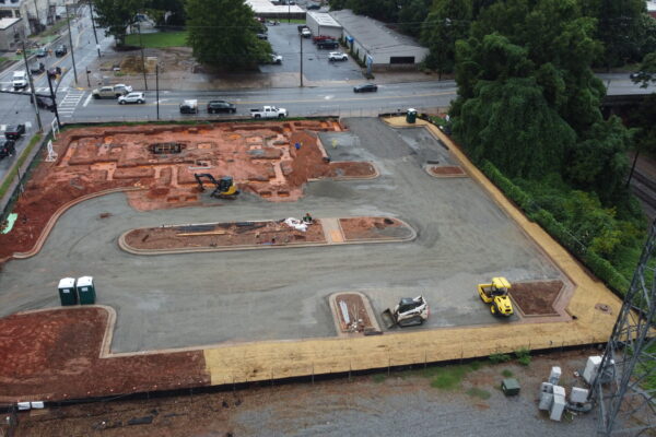 In-progress sitework at Fidelity Bank in Spartanburg, SC, including grading, erosion control, utilities, and paving by S3 Construction for a new 5,528 sq. ft. facility