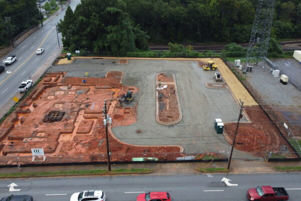 In-progress sitework at Fidelity Bank in Spartanburg, SC, including grading, erosion control, utilities, and paving by S3 Construction for a new 5,528 sq. ft. facility
