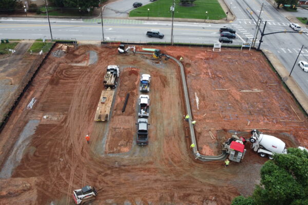 In-progress sitework at Fidelity Bank in Spartanburg, SC, including grading, erosion control, utilities, and paving by S3 Construction for a new 5,528 sq. ft. facility