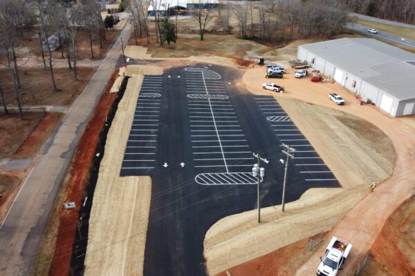 Freshly striped parking lot at Shiloh Road Project, completed as part of sitework by S3 Construction